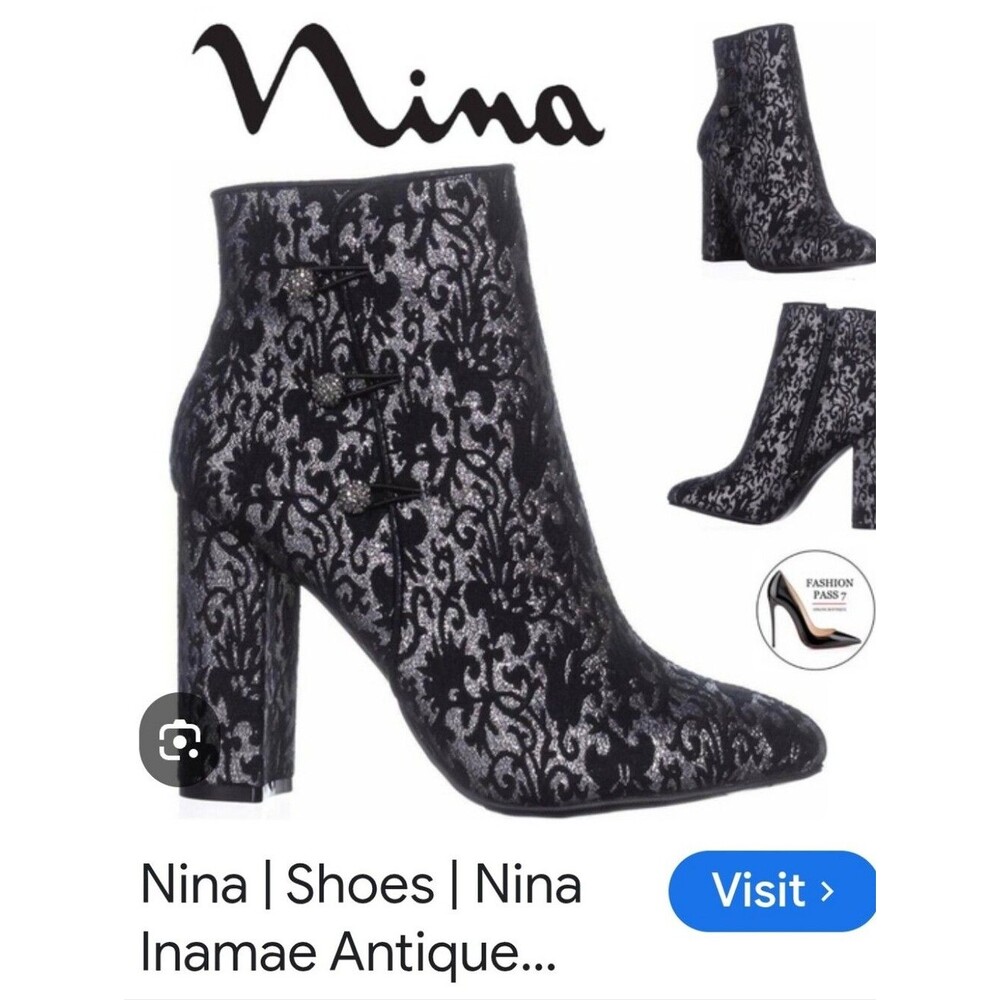 Nina Inamae Antique Black & Silver Ankle Boots  Women's Size 8M